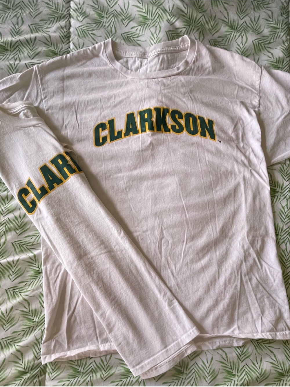 2 (two) Clarkson White Long Sleeve Tee with Green & Gold Logo LARGE AND MEDIUM